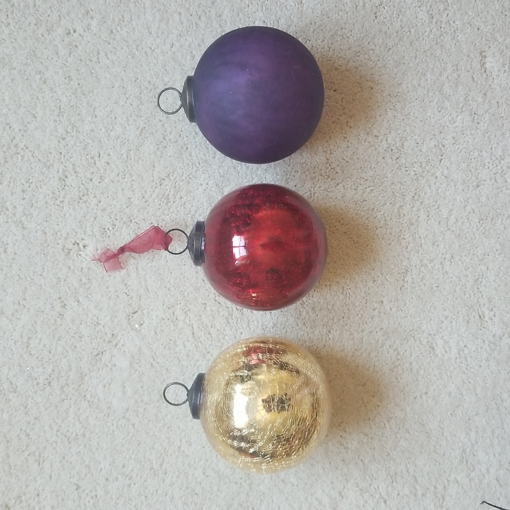 💗 Glass Christmas Holiday Ornaments GOLD RED & PURPLE - 3.75" Diameter each